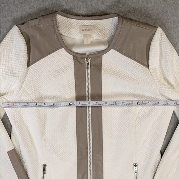 Chico’s Women L Ivory Brown Quilted Moto Jacket Faux Leather Zip Flawed - Picture 9 of 16